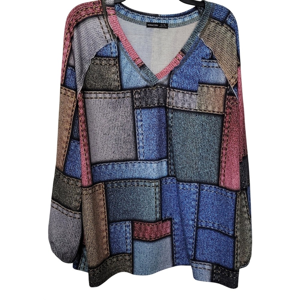 Noracora Denim Patchwork Print Womens XL Multicolor V-Neck Long Sleeve Blouse
